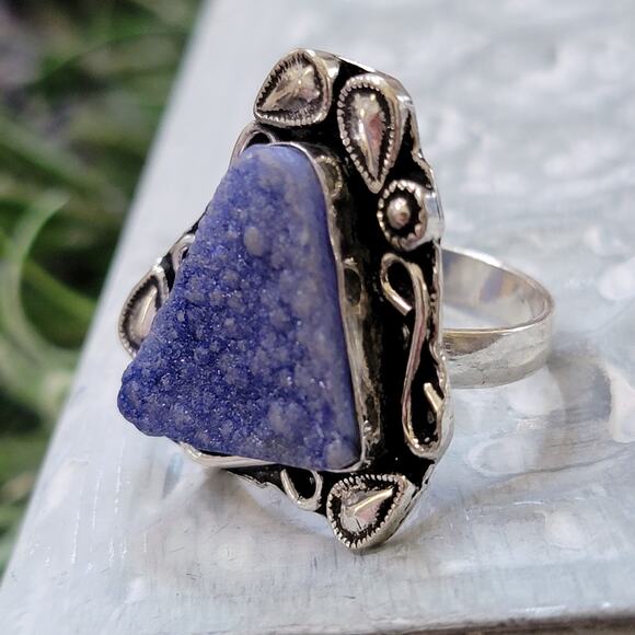 Blue Druzy Quartz Statement rings, Sterling Silver Ring, Size 7.25 - Picture 3 of 9